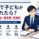 不倫で子どもが生まれた場合に切り分ける4つの論点(戸籍・認知・養育費・慰謝料)を、弁護士と相談者のイラストとともに示した図
