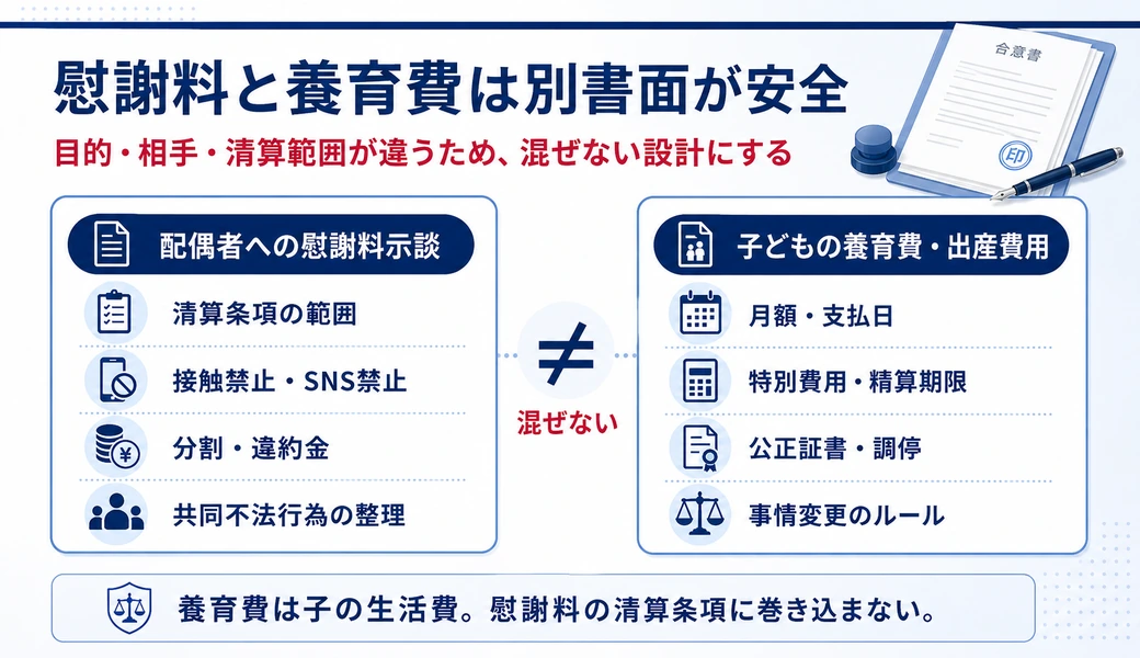 配偶者への慰謝料示談と、子どもの養育費・出産費用の合意は別書面で整理すべきことを示した比較図