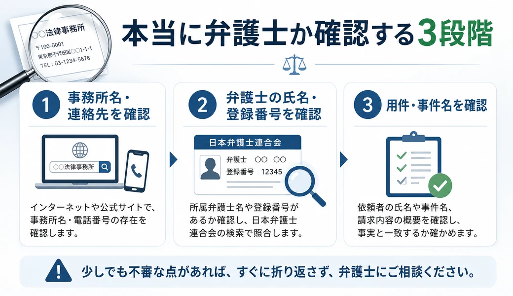 弁護士から電話が来たときの初動対応を4ステップで示した図