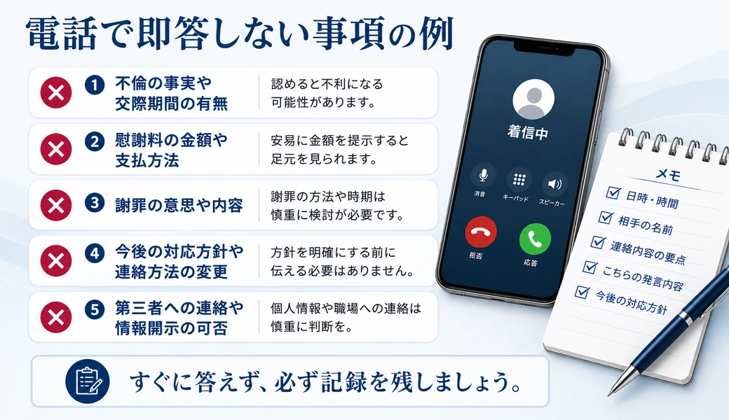 弁護士からの電話で即答しない事項と記録すべき内容を示した図