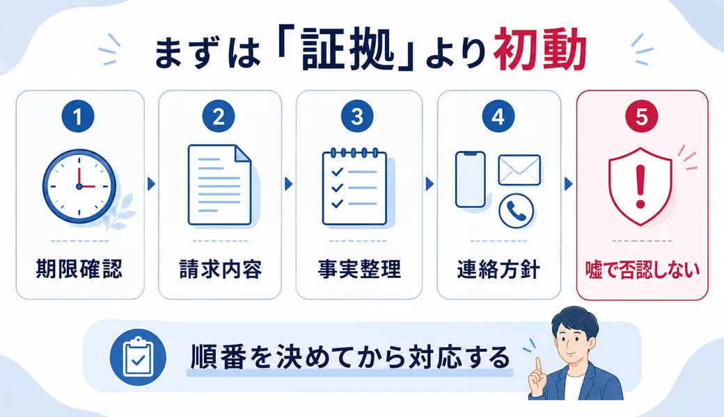 通知書が届いた後に期限確認、請求内容、事実整理、連絡方針、嘘で否認しないことを整理する図
