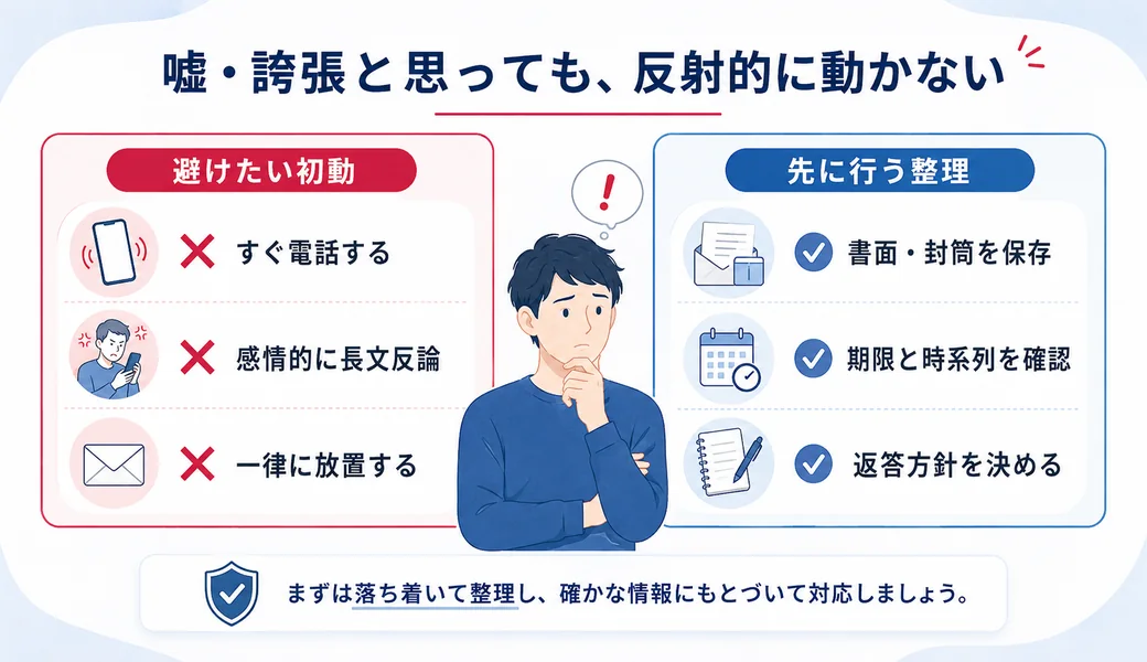 通知が嘘や誇張に見える場合に避けたい初動と先に行う整理を比較した図