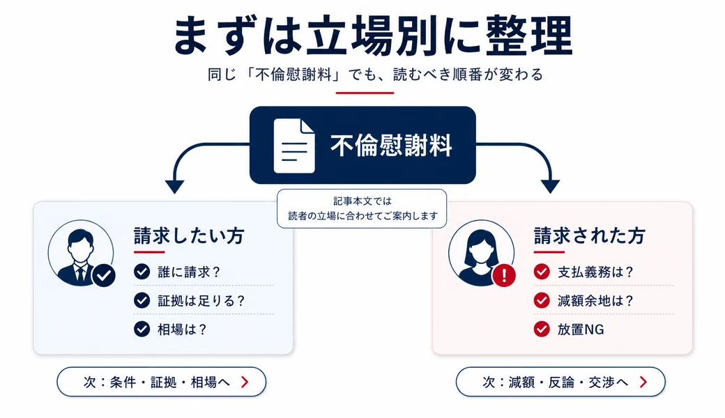 不倫慰謝料で請求したい方と請求された方の確認ポイントを立場別に整理した図解