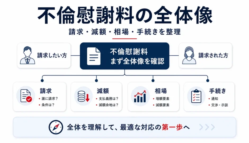 不倫慰謝料の請求・減額・相場・手続きの全体像を整理した図解
