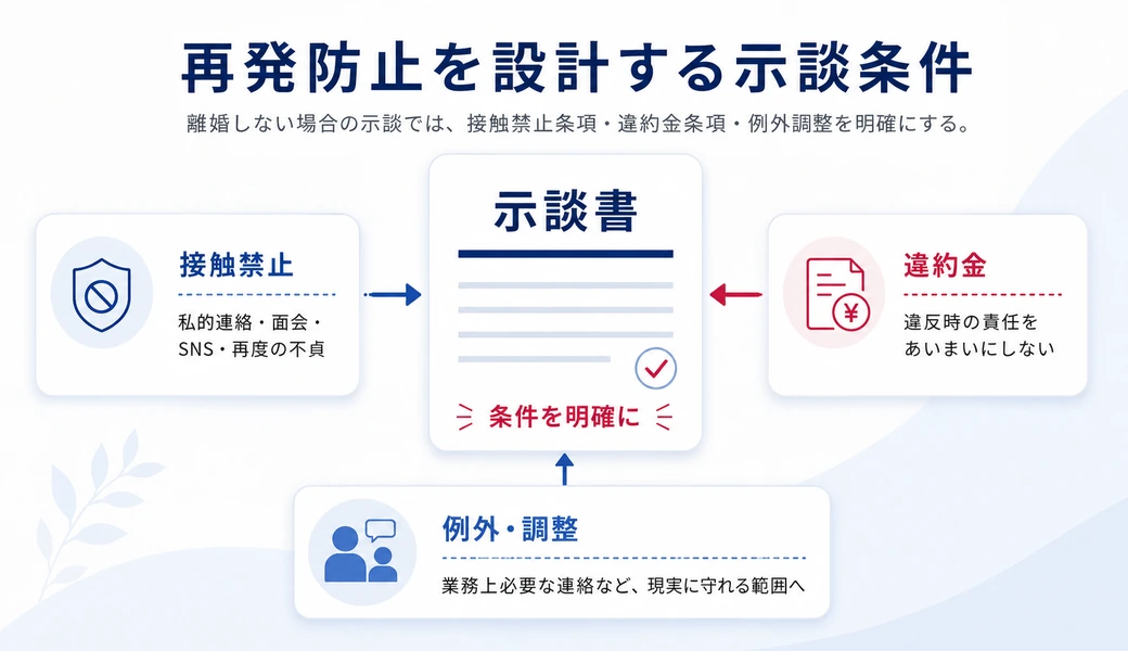 接触禁止条項と違約金条項を示談書に入れて再発防止を設計する図。