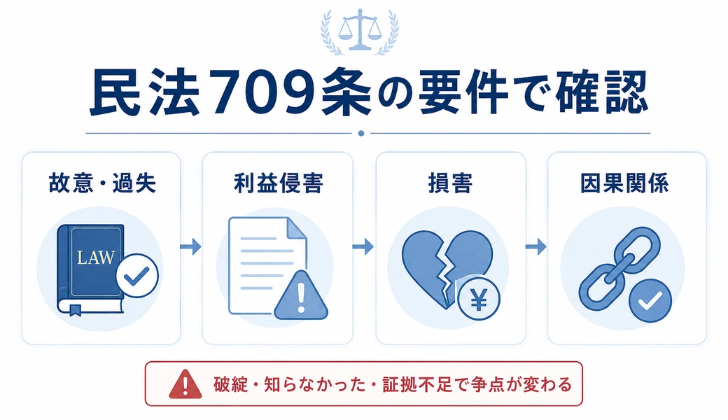 民法709条の要件である故意過失、利益侵害、損害、因果関係を4つのカードで整理した図
