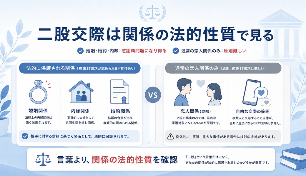二股交際について婚姻・婚約・内縁など法的に保護される関係と通常の恋人関係を比較した図
