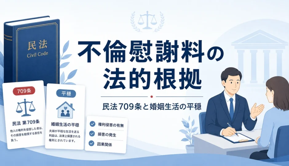 不倫慰謝料の法的根拠を民法709条と婚姻生活の平穏から整理する法律相談向けイラスト