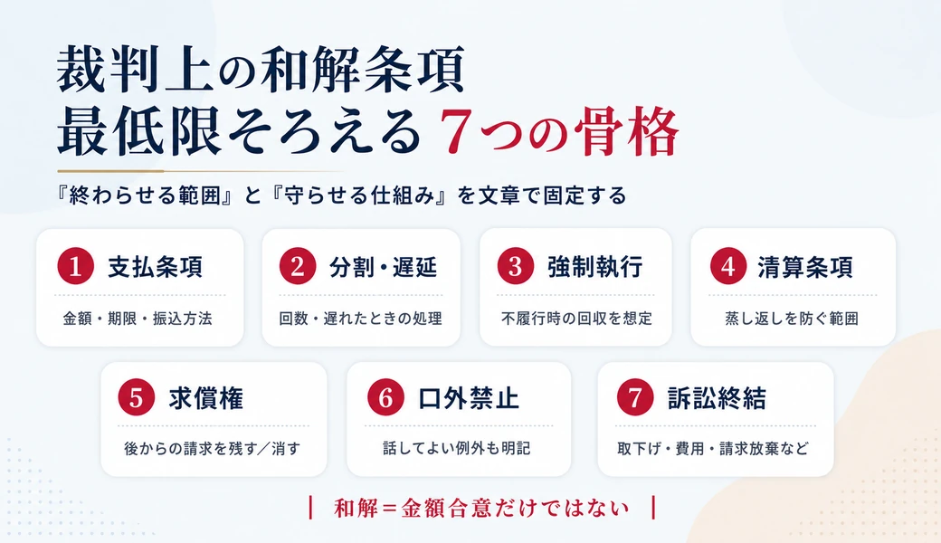 裁判上の和解条項で確認する支払条項、分割・遅延、強制執行、清算条項、求償権、口外禁止、訴訟終結の7項目