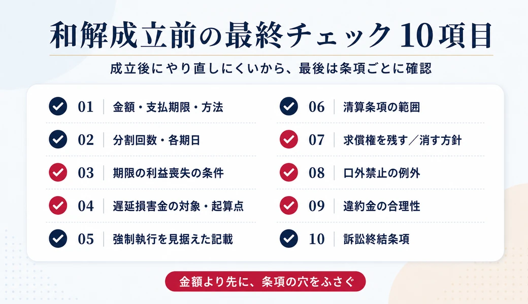 裁判上の和解成立前に確認する金額、支払方法、分割、期限の利益喪失、遅延損害金、清算、求償権、口外禁止、違約金、訴訟終結のチェックリスト