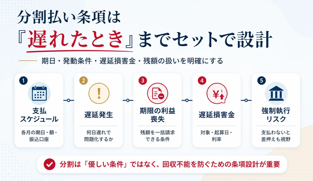 分割払い条項で確認する支払スケジュール、遅延、期限の利益喪失、遅延損害金、強制執行リスクの流れ