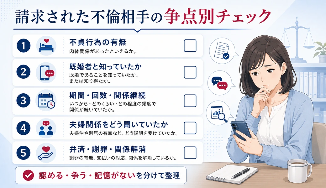 慰謝料を請求された不倫相手が尋問前に確認したい争点をチェックリストで整理した図