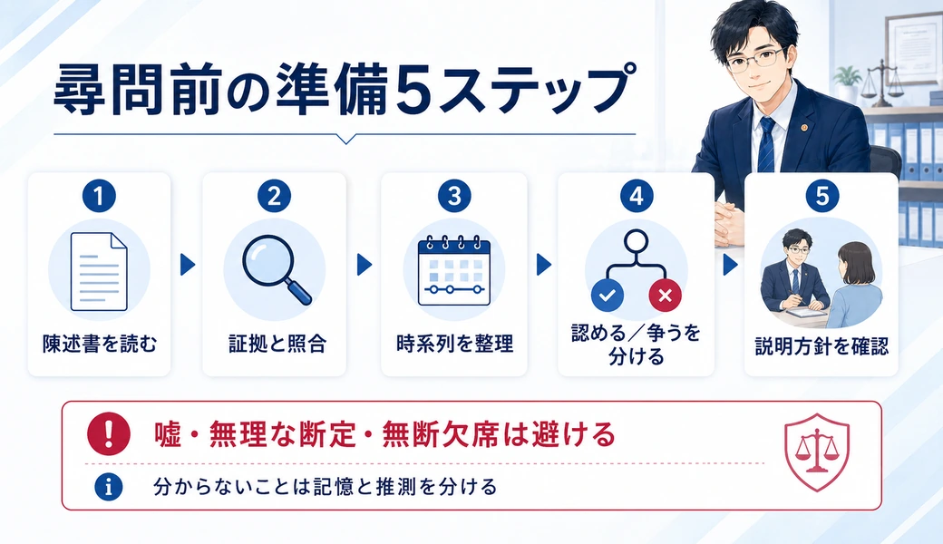尋問前に陳述書、証拠、時系列、説明方針を確認する準備5ステップを示した図
