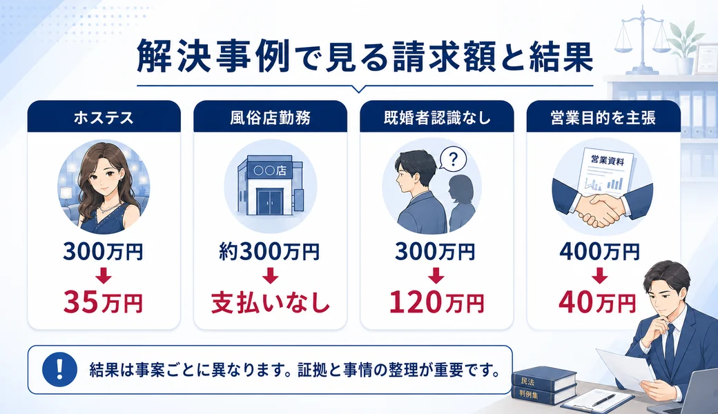 枕営業や風俗店勤務などの不倫慰謝料請求額と解決結果を4つの事例で比較した図