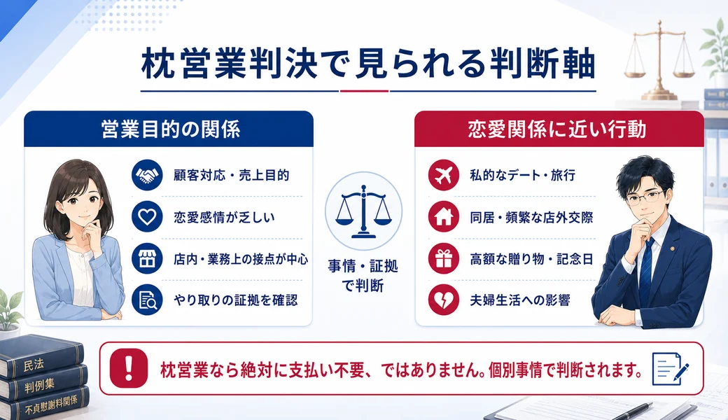 枕営業判決で見られる営業目的の関係と恋愛関係に近い行動の判断軸を比較した図