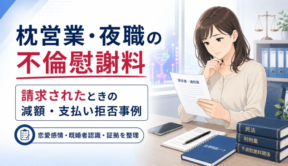 枕営業・夜職の不倫慰謝料を請求されたときの減額や支払い拒否事例を示すアイキャッチ画像