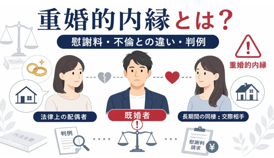 重婚的内縁とは何かを、法律上の配偶者・既婚者・交際相手の三者関係で示した図