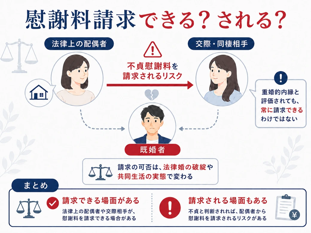 重婚的内縁で慰謝料請求できる場合と請求されるリスクを示した図