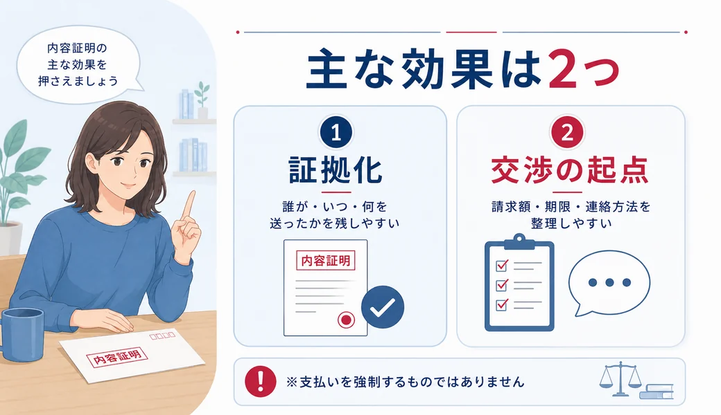 内容証明の主な効果である証拠化と交渉の起点を示す図