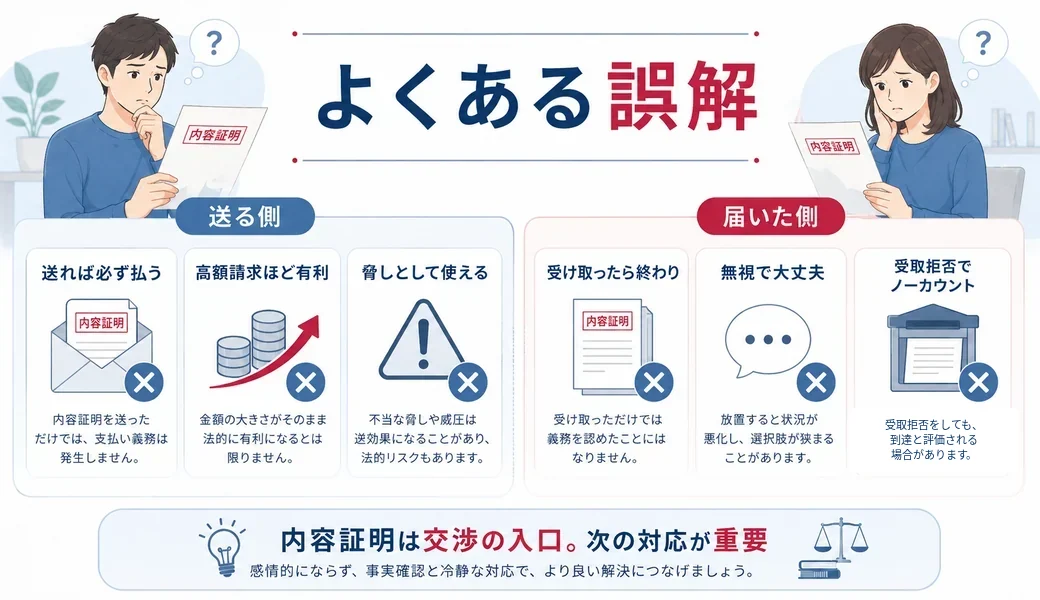 内容証明を送る側と届いた側によくある誤解を整理した図