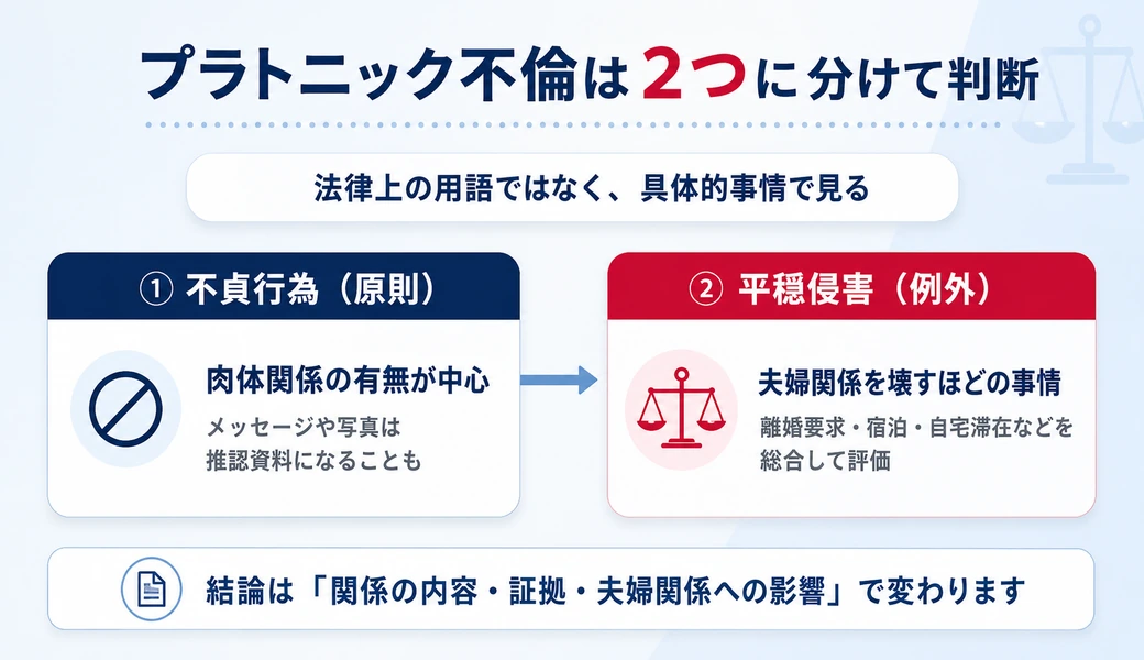 プラトニック不倫を不貞行為と婚姻共同生活の平穏侵害に分けて判断する図