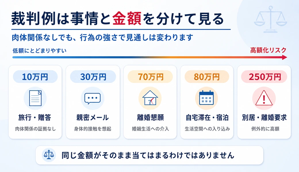 プラトニック不倫の裁判例について事情と慰謝料額の見通しを分けて見る図