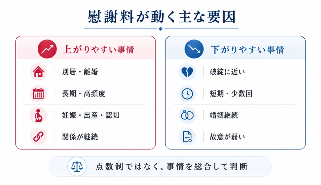 不倫慰謝料が上がりやすい事情と下がりやすい事情を整理した図