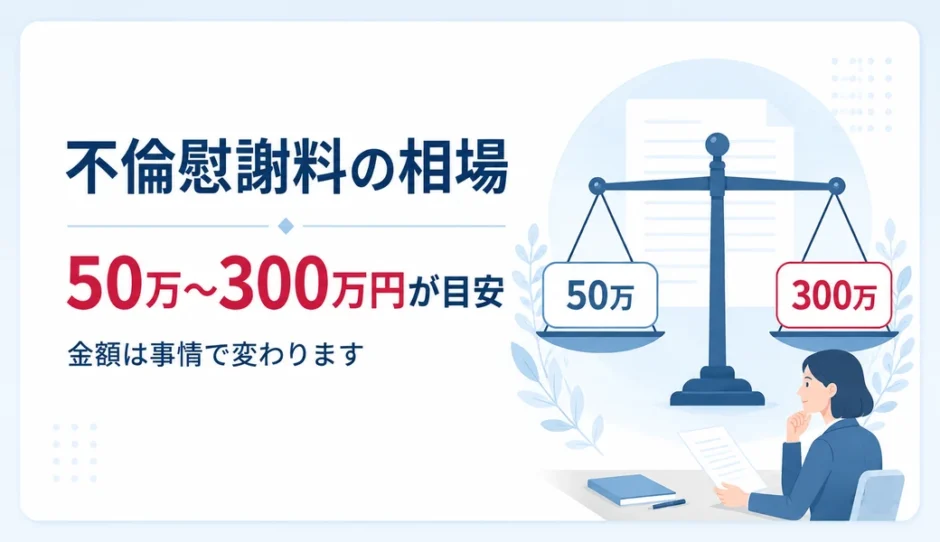 不倫慰謝料の相場は50万〜300万円が目安で事情により変わることを示す図